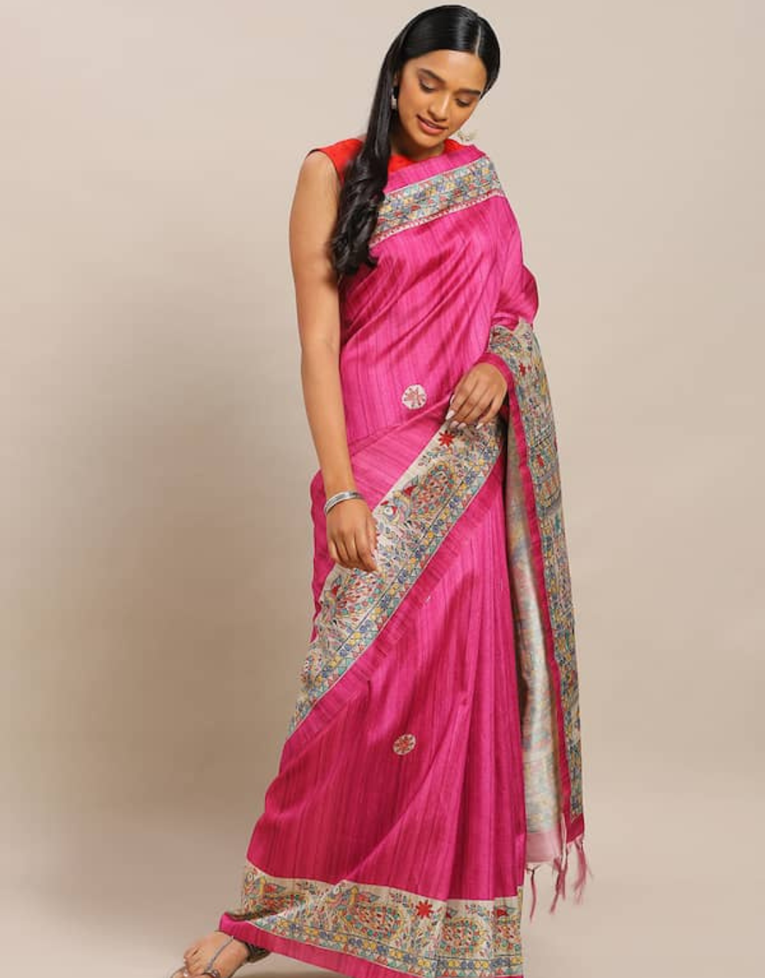 Tussar Silk with Madhubani Print - Pink