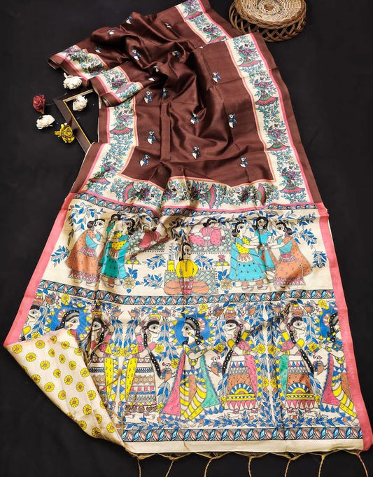 Madhubani Printed Tussar Silk - Coffee