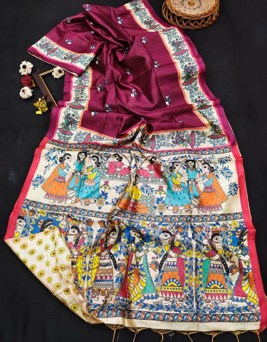 Madhubani Printed Tussar Silk - Maroon