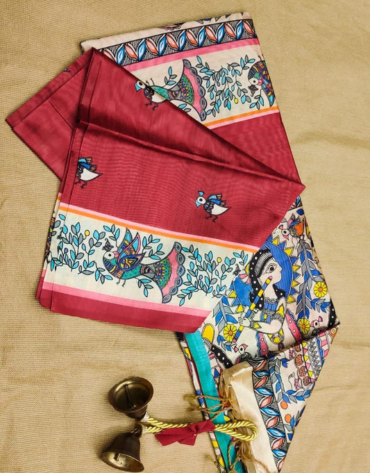 Maduhbani Tussar Silk Saree - Red