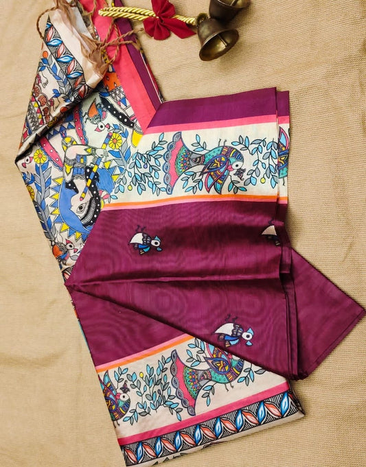 Madhubani Printed Tussar Silk - Maroon