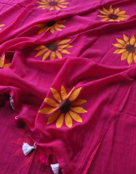 Sunflower handpainted mulmul cotton Saree- Pink