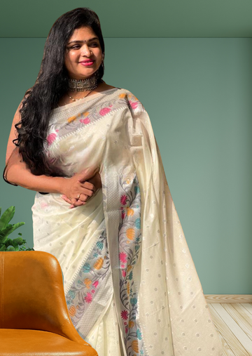 Banarasi georgette Paithani Border Saree- ivory white