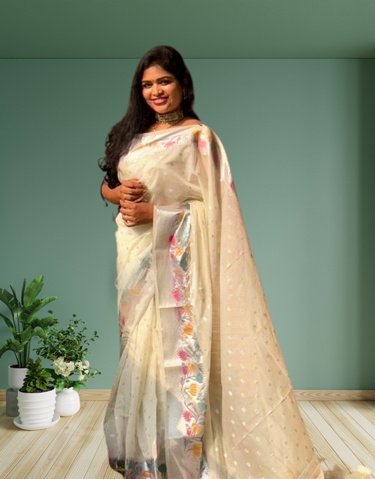 Banarasi georgette Paithani Border Saree- ivory white