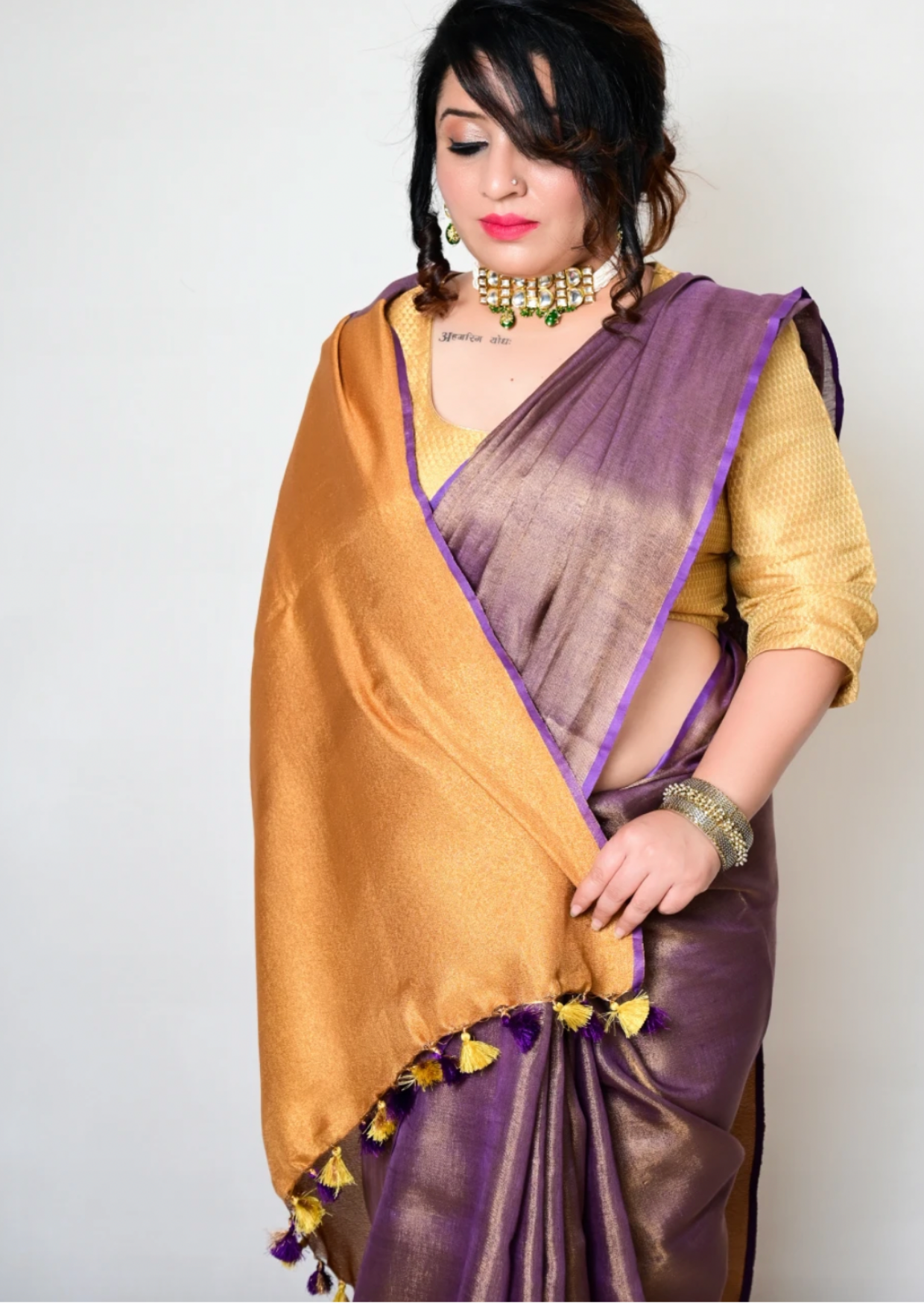 Handloom Pure Lenin Tissue Silk Sari- Deep Purple & Gold - mrujaa