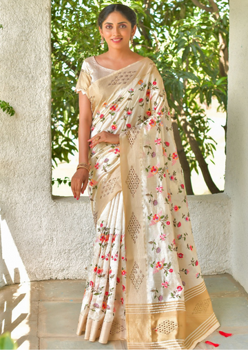 Tussar silk sarees with floral embroidery- Beige - mrujaa