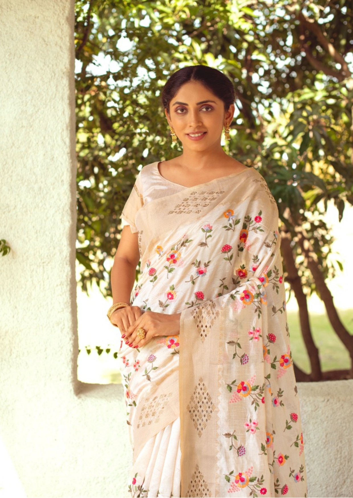 Tussar silk sarees with floral embroidery- Beige - mrujaa