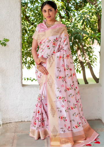 Tussar silk sarees with floral embroidery- Pastel  Pink - mrujaa