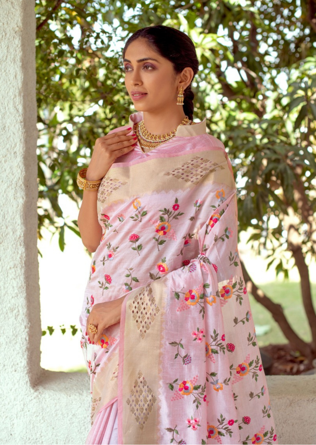 Tussar silk sarees with floral embroidery- Pastel  Pink - mrujaa