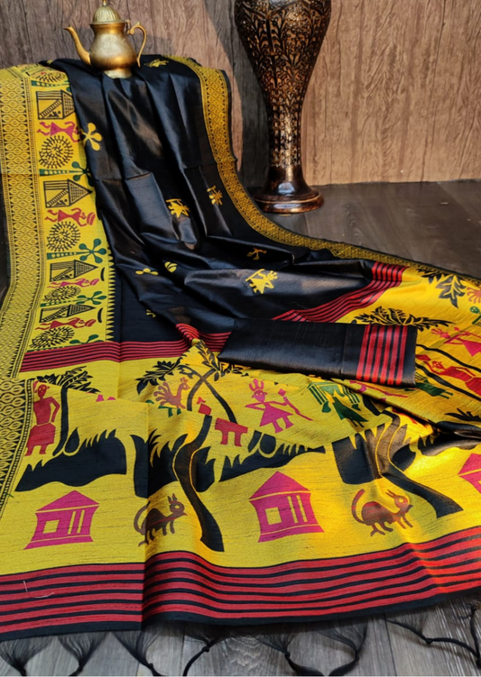 Raw Silk with Woven Tribal Art - Black