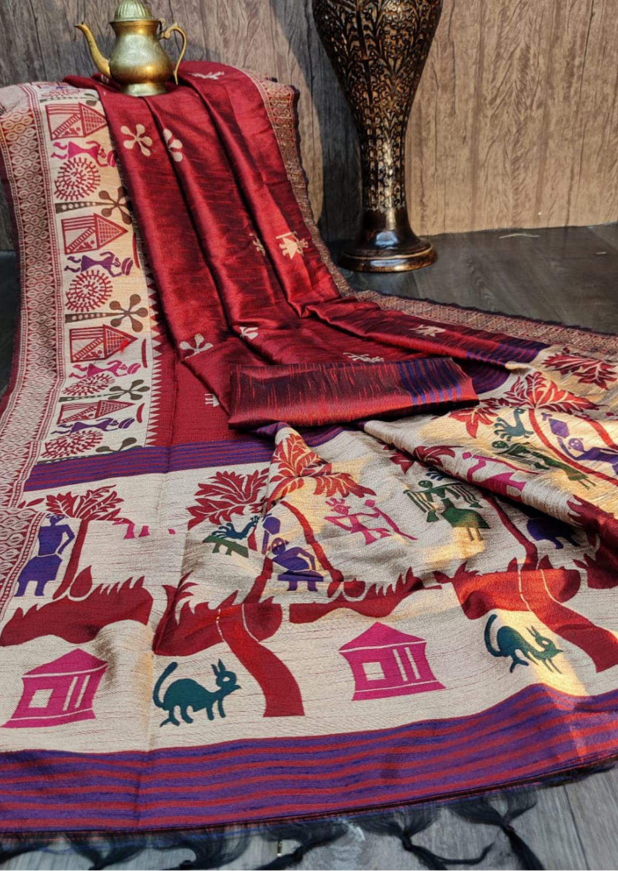 Raw Silk with Woven Tribal Art - Maroon - mrujaa