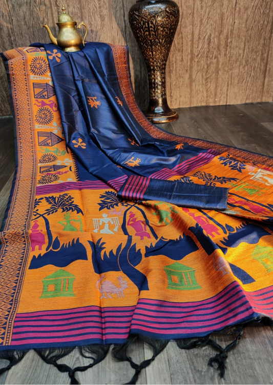 Raw Silk with Woven Tribal Art - Blue