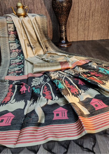 Raw Silk with Woven Tribal Art - Natural - mrujaa