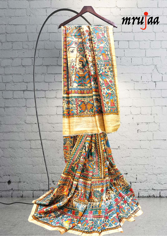 Madhubani hand-painted Pure Giccha Tussar Silk Saree