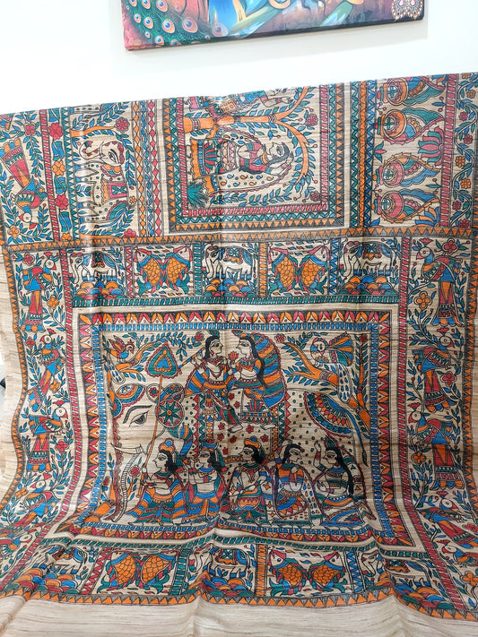 Madhubani hand-painted Pure Giccha Tussar Silk Saree