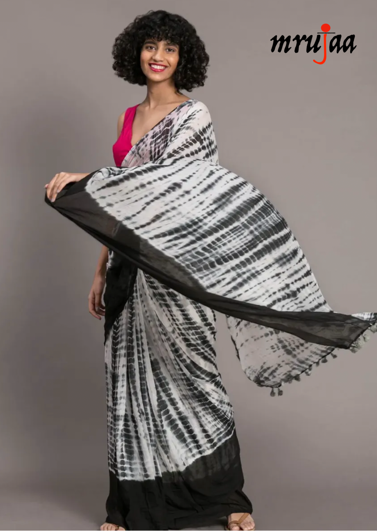 Pure Linen Silk Tie n Dye Saree- Black & White - mrujaa