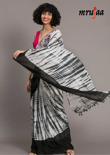 Pure Linen Silk Tie n Dye Saree- Black & White - mrujaa