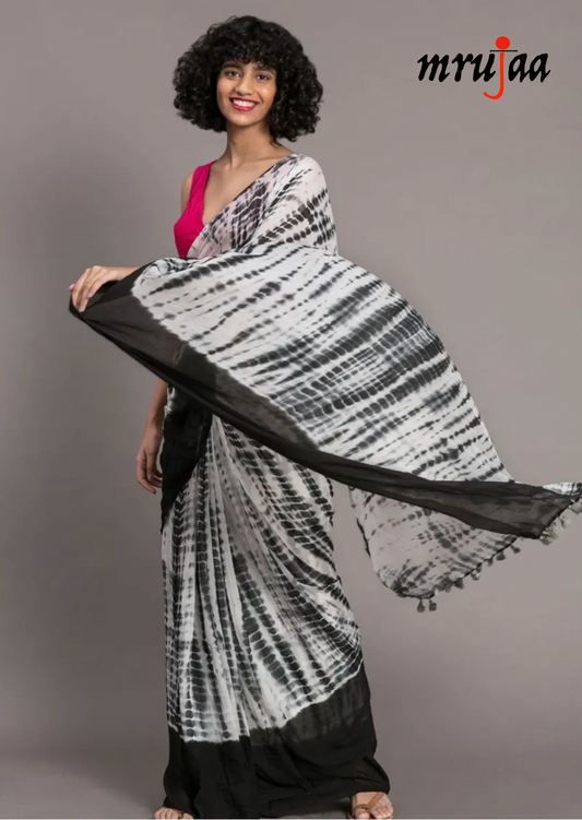 Pure Linen Silk Tie n Dye Saree- Black & White