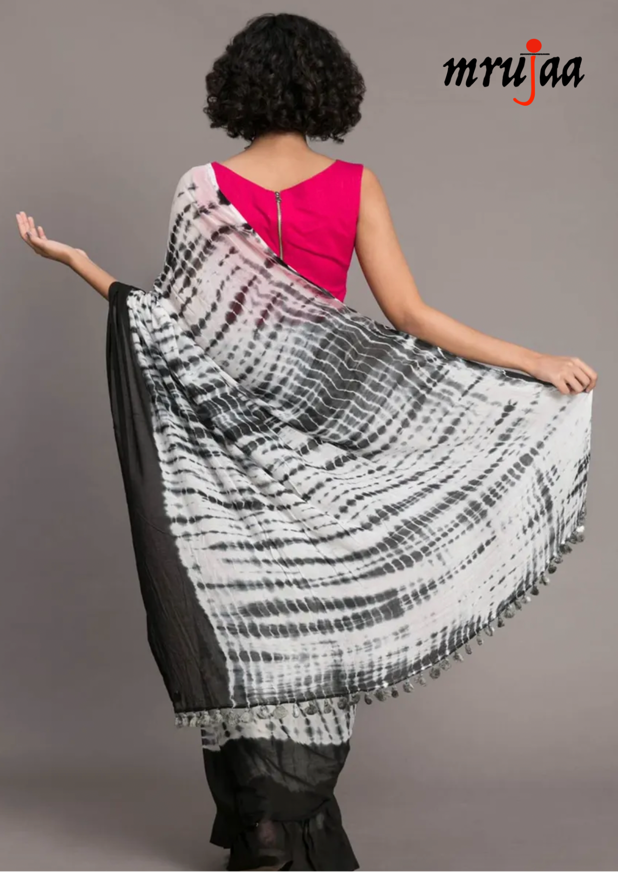 Pure Linen Silk Tie n Dye Saree- Black & White - mrujaa