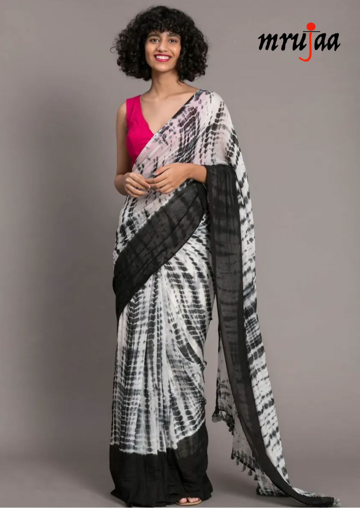 Pure Linen Silk Tie n Dye Saree- Black & White - mrujaa