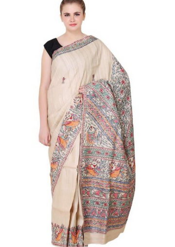 Madhubani Printed Silk Saree - Beige - mrujaa