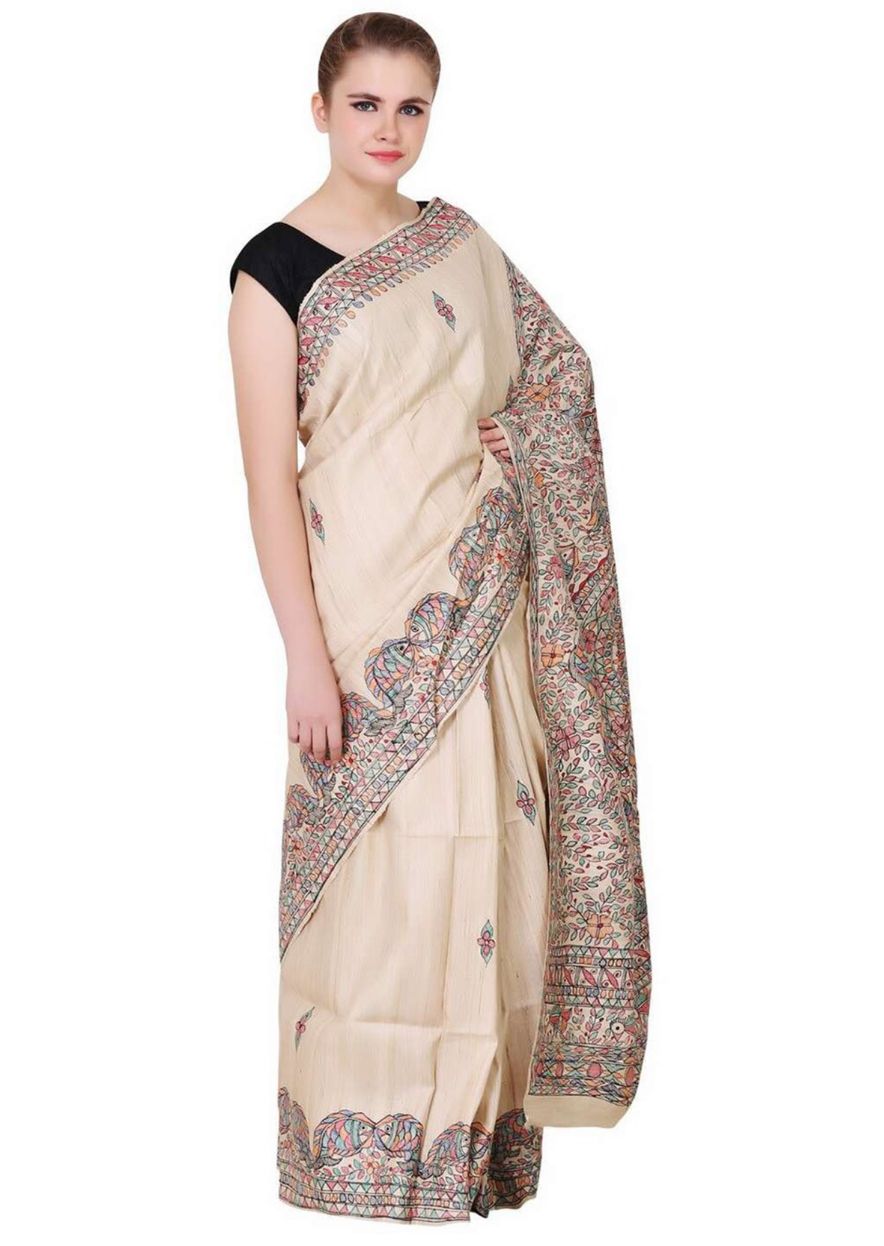 Madhubani Printed Silk Saree - Beige - mrujaa