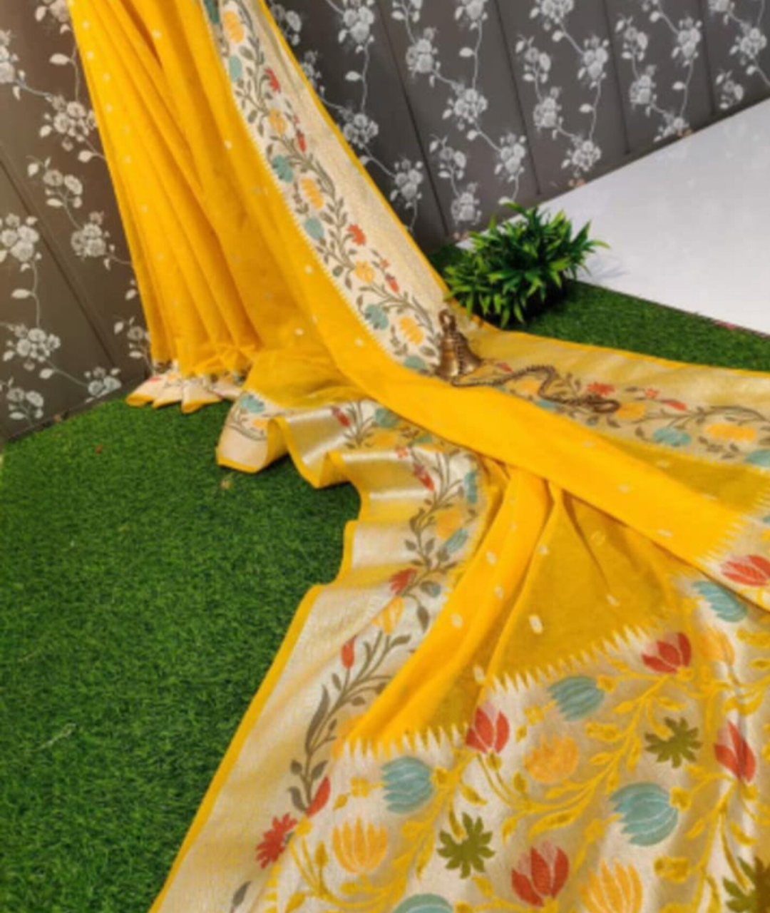 Pure Khaddi Banarasi Paithani Border Saree-Yellow - mrujaa