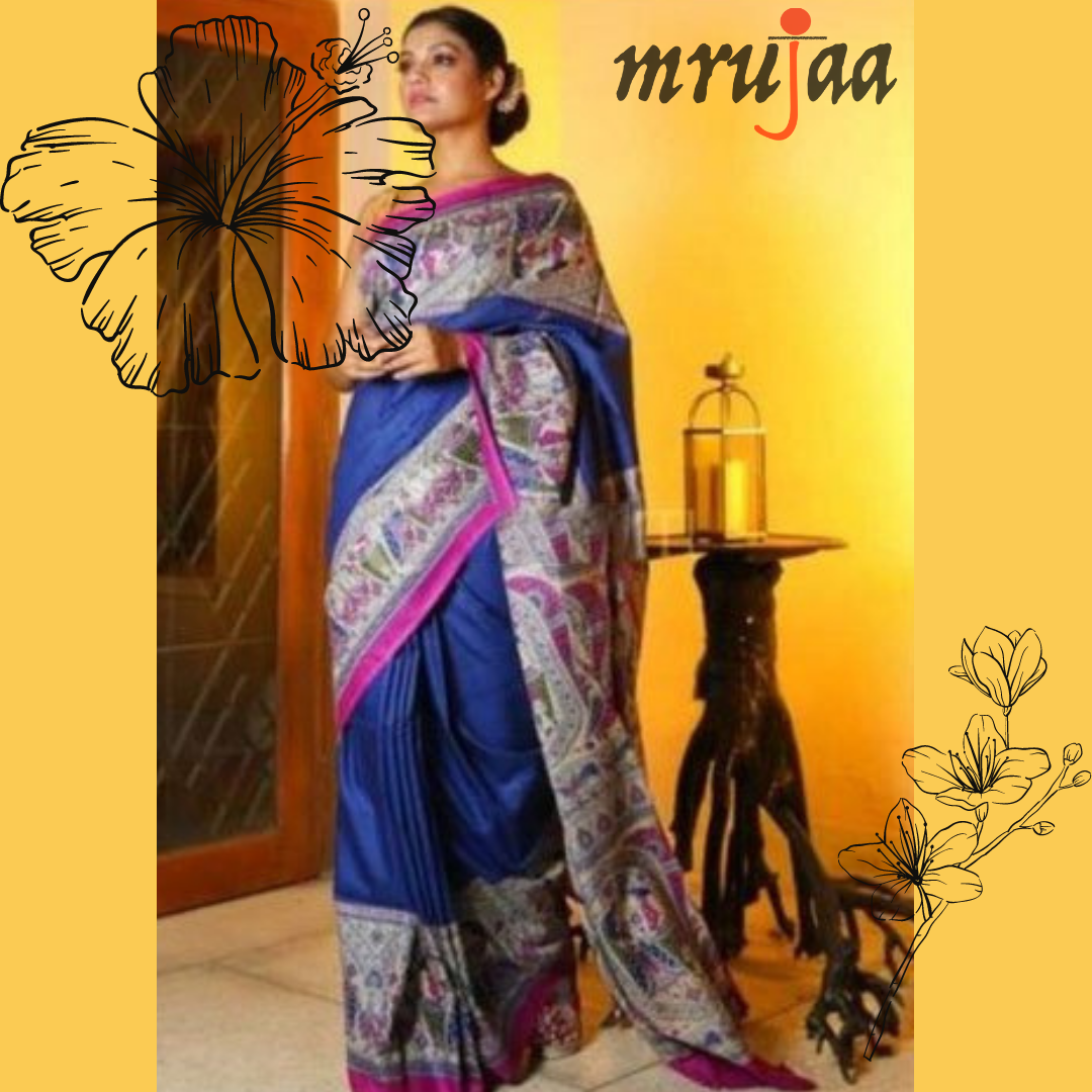 Pure Tussar Giccha Silk Madhubani Print Saree-Royal Blue - mrujaa