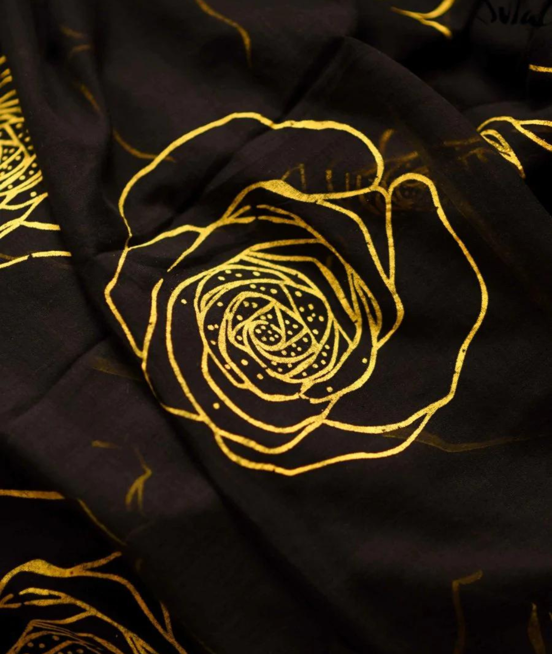 Mulmul Cotton with contrast handblock floral print - Black & Yellow - mrujaa