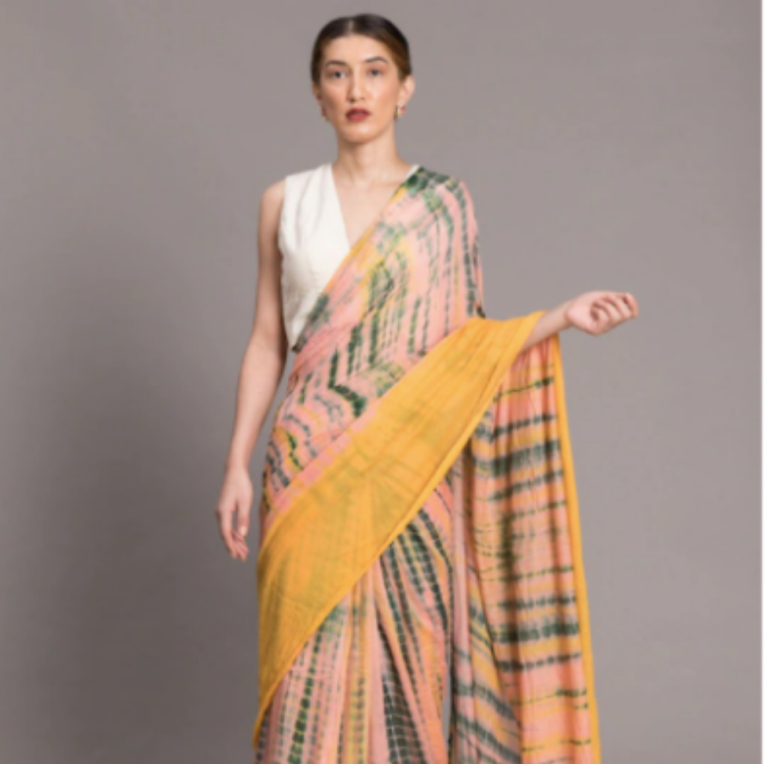 Pure Lenin Silk Tie n Dye Saree-Pink & Yellow - mrujaa