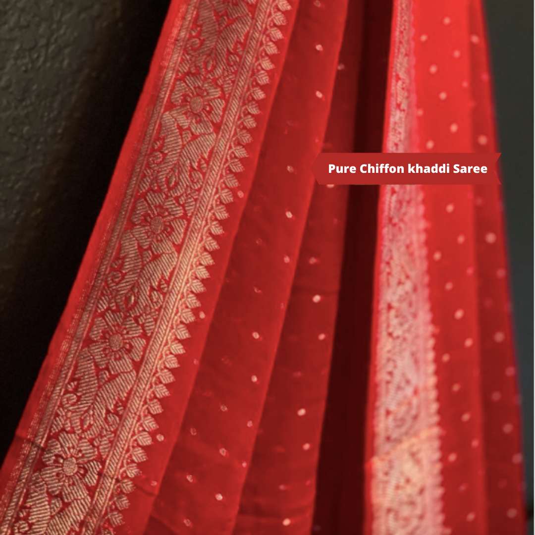 Pure Khaddi Chiffon Red Saree - mrujaa