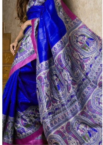 Pure Tussar Giccha Silk Madhubani Print Saree-Royal Blue - mrujaa