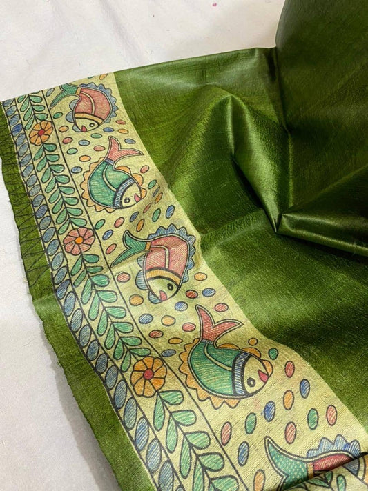 Pure Giccha Tussar Silk Madhubani Printed Saree_Green