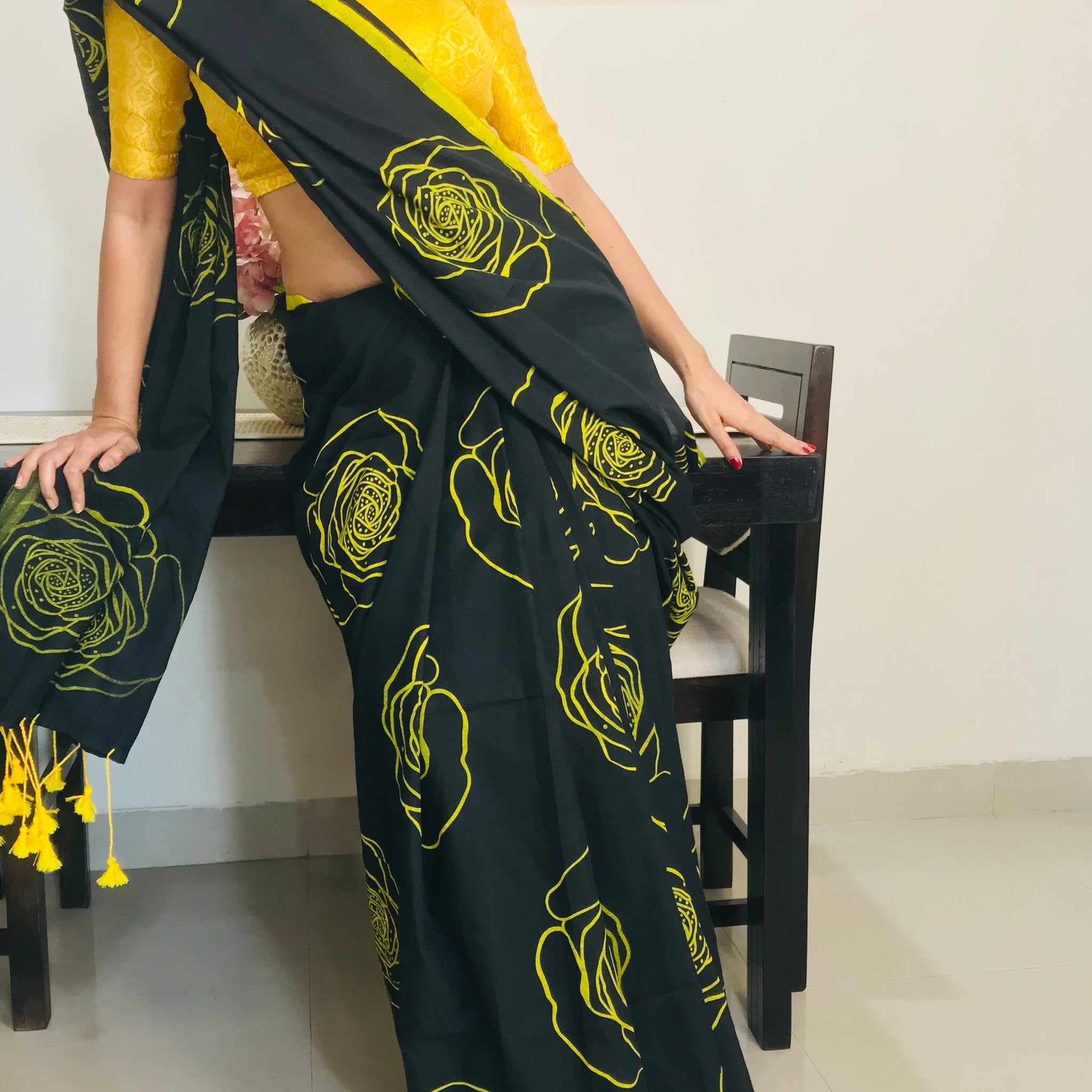 Mulmul Cotton with contrast handblock floral print - Black & Yellow - mrujaa