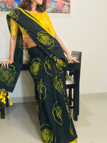 Mulmul Cotton with contrast handblock floral print - Black & Yellow - mrujaa