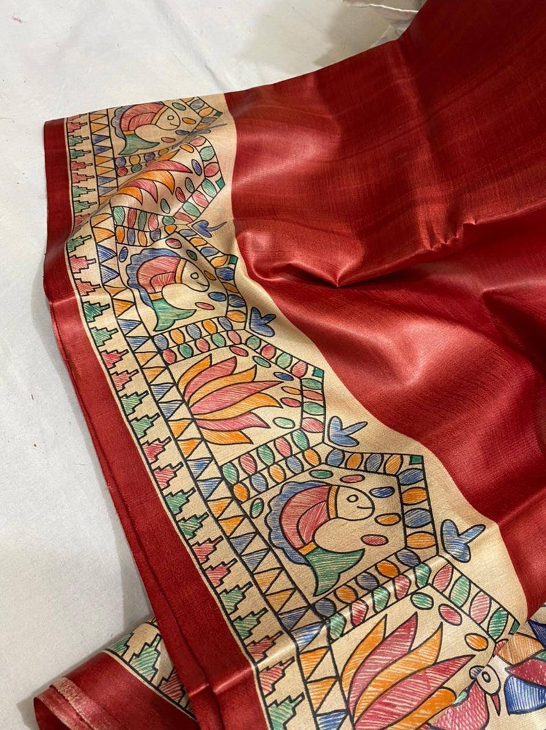 Pure Giccha Tussar Silk Madhubani Printed Saree_Red - mrujaa