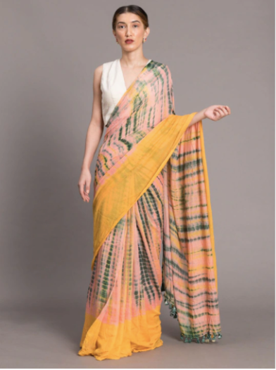 Pure Lenin Silk Tie n Dye Saree-Pink & Yellow - mrujaa