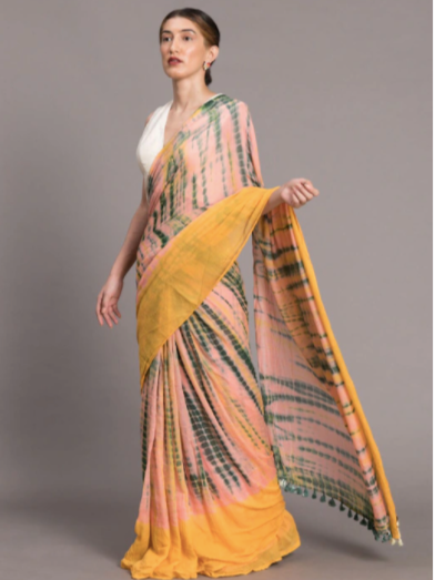 Pure Lenin Silk Tie n Dye Saree-Pink & Yellow - mrujaa