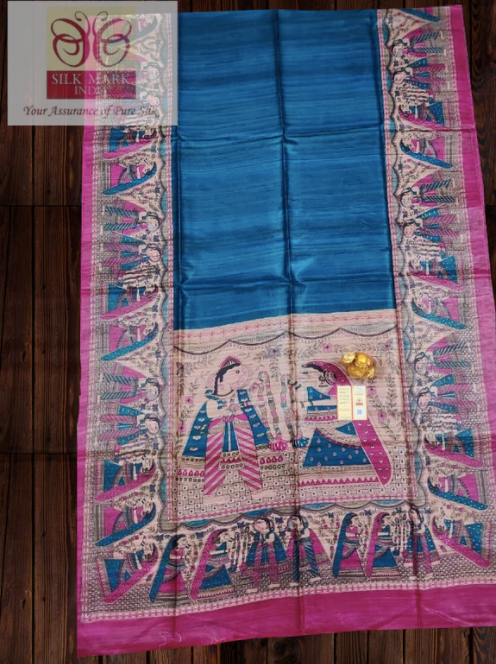 Pure Tussar Giccha Silk Madhubani Print Saree-Royal Blue - mrujaa