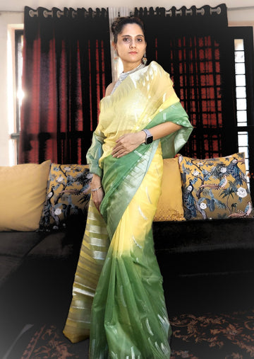 Banarasi Kora Organza Silver Zari Handloom Dual Tone Saree-Lemon Yellow and Green - mrujaa