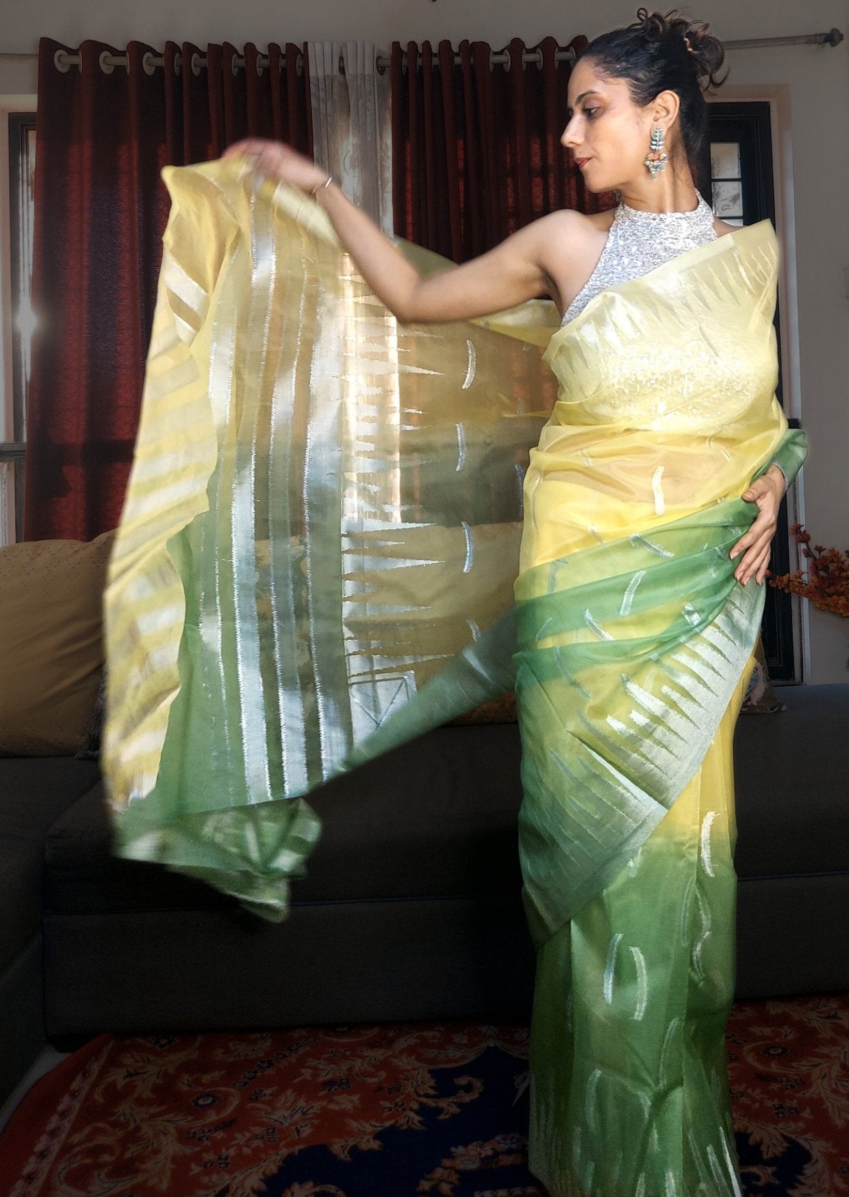 Banarasi Kora Organza Silver Zari Handloom Dual Tone Saree-Lemon Yellow and Green - mrujaa