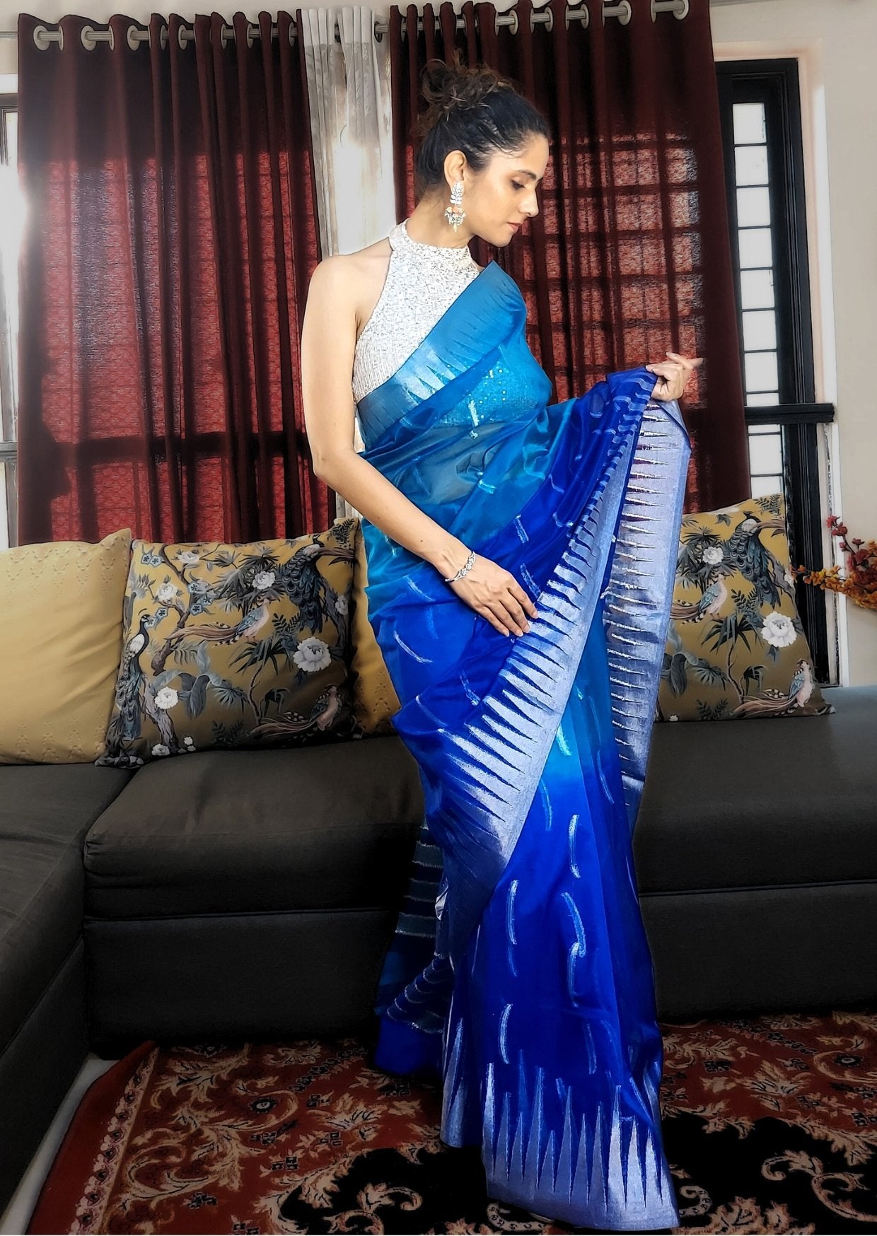 Banarasi Kora Organza Silver Zari Handloom Dual Tone Saree-Light blue & Deep Blue - mrujaa