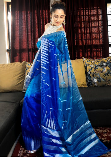 Banarasi Kora Organza Silver Zari Handloom Dual Tone Saree-Light blue & Deep Blue - mrujaa