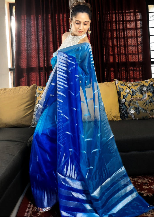 Banarasi Kora Organza Silver Zari Handloom Dual Tone Saree-Blue Ombre