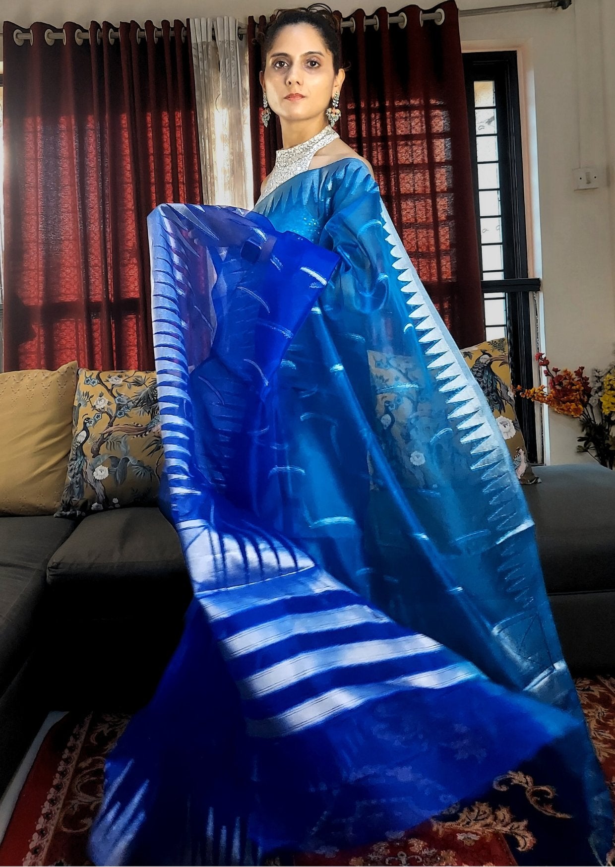 Banarasi Kora Organza Silver Zari Handloom Dual Tone Saree-Light blue & Deep Blue - mrujaa