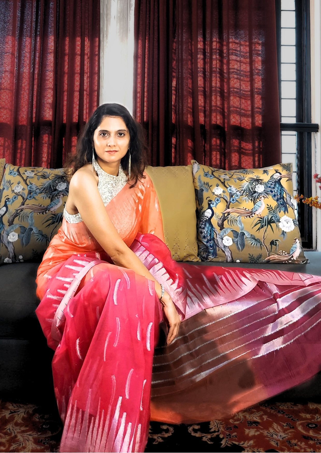 Banarasi Kora Organza Silver Zari Handloom Dual Tone Saree-Pink and Orange - mrujaa