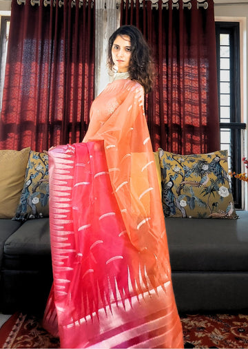Banarasi Kora Organza Silver Zari Handloom Dual Tone Saree-Pink and Orange - mrujaa