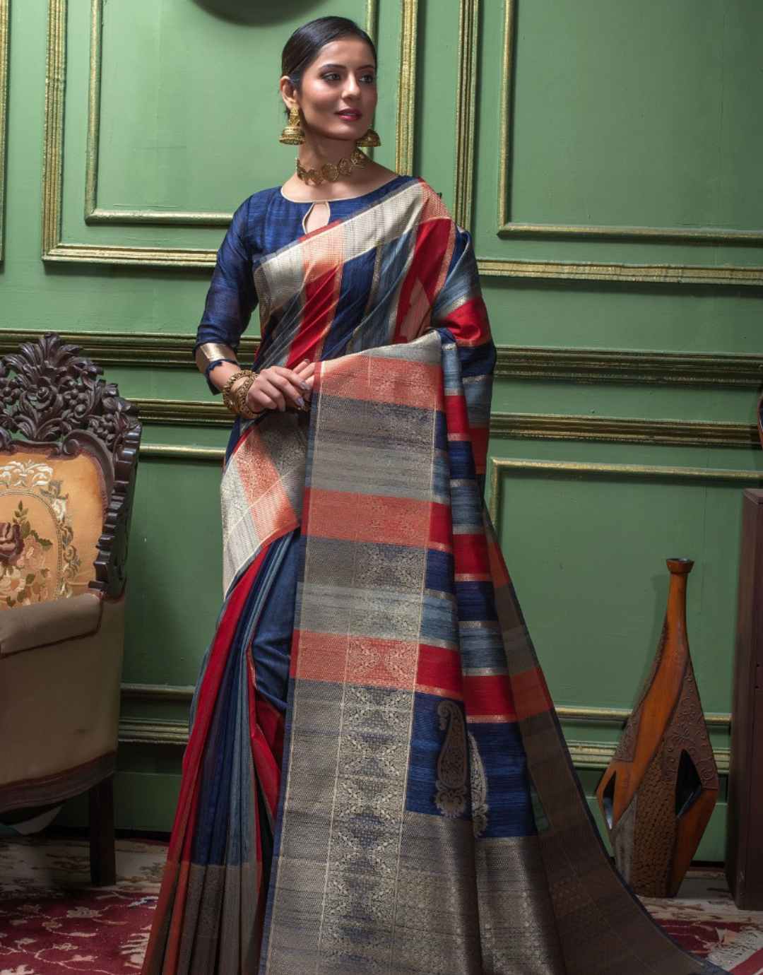 Banarasi Raw Silk - Blue & Red - mrujaa