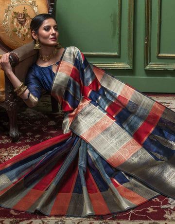 Banarasi Raw Silk - Blue & Red - mrujaa