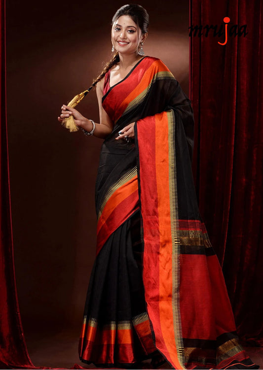 Black Handloom Cotton Silk Saree With Red & Orange Resham Border